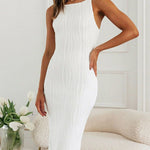 Bodycon Sleeveless Pleated Solid Color Split-Back Split-Joint Zipper Spaghetti-Neck Maxi Dresses