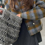 Check Puff Sleeve Woolen Coat