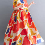 Artistic Retro Short Sleeves Loose Contrast Color Printed Round-Neck Midi Dresses