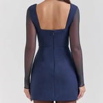 Deep V Neck Mesh Patchwork Long Sleeve A-Line Mini Dresses-Blue [Pre Order]