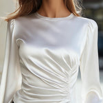 Ruched Waist Satin Long-Sleeve Blouse
