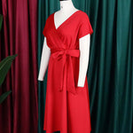 Bowknot Lace-Up Solid Color V-Neck Midi Dresses
