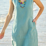 Chun color cotton and linen U-neck sleeveless pocket midi dress
