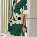 A-Line Half Sleeves Buttoned Contrast Color Flower Print Pockets Stand Collar Mini Dresses