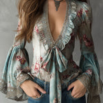 Vintage Tie Front Floral Silk Blouse With Lace Bell Sleeves
