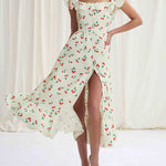 High Waisted Loose Buttoned Elasticity Flower Print Pleated Square-Neck Midi Dresses