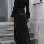 High Waisted Long Sleeves Solid Color Split-Side Tied Waist Velvet Deep V-Neck Maxi Dresses