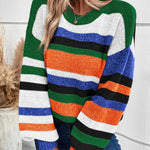 Multicolour Striped Knit Drop Shoulder Lantern Sleeve Sweater