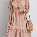 A-Line Loose Pleated Solid Color Split-Joint V-Neck Mini Dresses