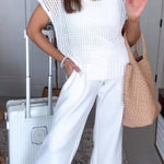 Women Round Neck Hollowed Out Top+ Pants Casual Suit