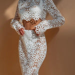 Balmy Summers Crochet Lace Floral Pattern Long Sleeve Crop Vacation Top