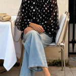 Polka Dot Print Tie-waist Lantern Sleeve Elegant Loose Shirt