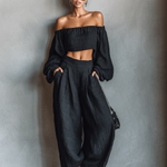 Women's Minimalist Linen Blend Strapless Long-sleeved Blouse And Wide-leg Pants Set