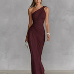 Women's Burgundy Stretch Jersey Dress With One-Shoulder Neckline & Ruched Waist, Timeless Luxe-Romantic Style Dress