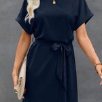 Loose Short Sleeves Solid Color Tied Waist Round-Neck Mini Dresses