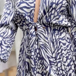 Loose Puff Sleeves Pleated Printed Split-Joint Deep V-Neck Jumpsuits