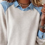 Women'S Casual Lapel Denim Stitching Pullover Sweatshirt