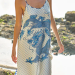 Just Enjoy Satin Unique Dragon Print Slit Loose Slip Midi Dress
