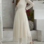 High Waisted Long Sleeves Buttoned Gauze See-Through Solid Color V-Neck Maxi Dresses