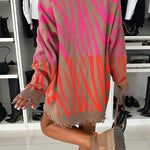 Fashionable Knit Zebra Geometric Pattern Frayed Hem Loose Sweater