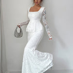 Bodycon Long Sleeves Flower Print Ruffled See-Through Solid Color Split-Joint Square-Neck Maxi Dresses