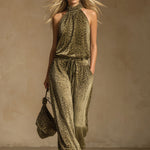 Leopard Print Sleeveless Top And Velvet Trousers Set