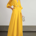 Solid Color Split-Front Contrast Color Tied Waist High Waisted V-Neck Jumpsuits