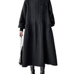A-Line Long Sleeves Embossed Pockets Quilted Solid Color Split-Joint High Neck Midi Dresses Sweater Dresses