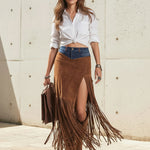 Irregularity Asymmetric Contrast Color Split-Joint Split-Side Tasseled Skirts Bottoms