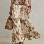 Holiday Keyhole Neckline Leopard Print Pleated Maxi Dress
