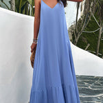 Loose Sleeveless Pleated Solid Color Split-Joint Spaghetti-Neck Maxi Dresses