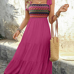 A-Line High Waisted Contrast Color Jacquard Pleated Split-Joint Adjustable Straps Midi Dresses