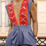 High Waisted Sleeveless Contrast Color Pleated Pockets Zipper Deep V-Neck Jumpsuits
