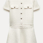 1960s London Girl Tweed Textured Gold Button Short Sleeve Pocketed Mini Dress