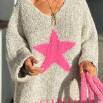 Warm Winter Day Texture Knit Star Pattern Contrast Color Loose Sweater
