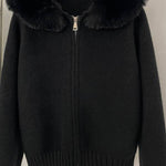 Fur-collar zip-up cardigan
