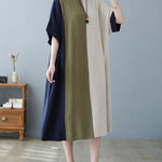 Half Sleeves Loose Contrast Color Round-Neck Midi Dresses