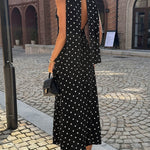A-Line High Waisted Backless Contrast Color Polka-Dot Split-Joint Halter-Neck Midi Dresses