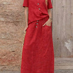 Women'S Casual Solid Color Cotton And Linen Loose Dress Two-Piece Set