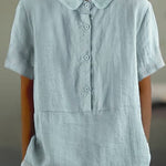 Women's Solid Color Cotton And Linen Lapel Short Sleeved Casual Blouse