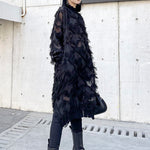 Irregularity Long Sleeves Asymmetric Mesh Pockets See-Through Solid Color Split-Joint Tasseled Stand Collar Midi Dresses