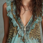 Boho Vintage Zip-Front Chiffon Top With Leopard & Floral Mix Print