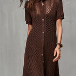 Quiet Luxury Chocolate Brown Crochet Knit Shirt Dress