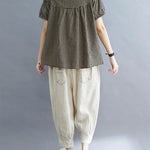 Cotton Blend Plaid Polo Puff Sleeve T-Shirts Tops