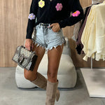 Ezro Knit Colorful Dimensional Flowers Button Up Loose Cardigan