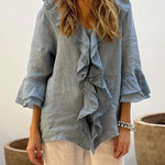 Women's casual ruffle collar cotton and linen tops