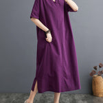 A-Line Loose Chinese Frog Buttons Pockets Solid Color Split-Side V-Neck Midi Dresses