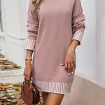Long Sleeves Loose Contrast Color Split-Joint Mock Neck Mini Dresses Sweater Dresses