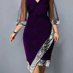 Bodycon Wrap Contrast Color Mesh Sequined Split-Joint V-Neck Midi Dresses