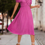 A-Line High Waisted Elasticity Knot Pleated Solid Color Split-Joint V-Neck Midi Dresses